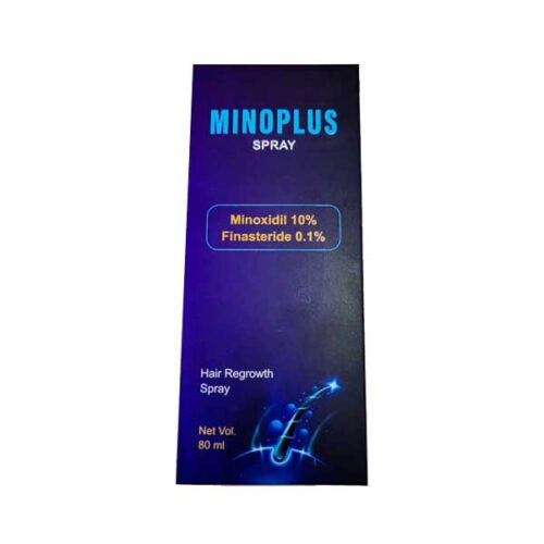 Minoplus spray bottle with a focus on its active ingredients for hair loss treatment.